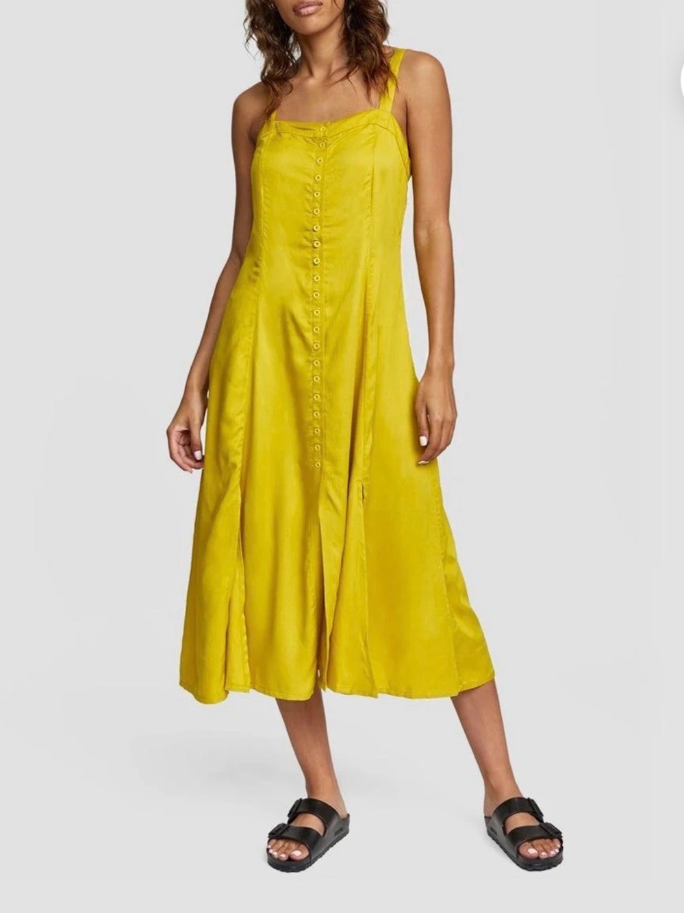 RVCA Jethro Sulphur Midi Dress Square Neck Smocked Back